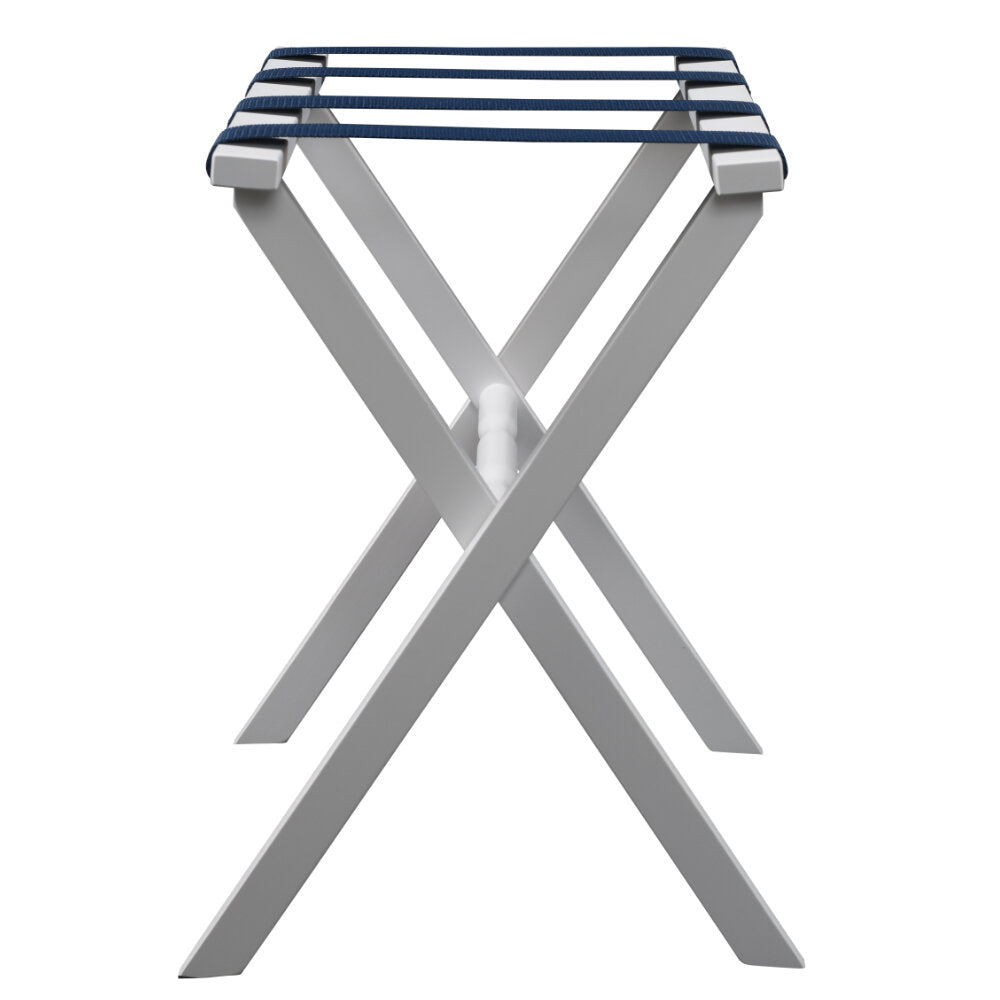 White Straight Leg Wood Luggage Rack Nylon Navy Straps by Gatehouse Furniture
