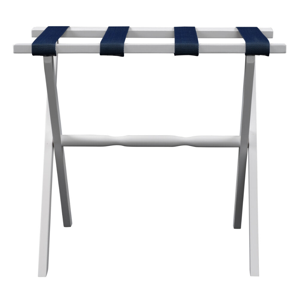 White Straight Leg Wood Luggage Rack Nylon Navy Straps by Gatehouse Furniture