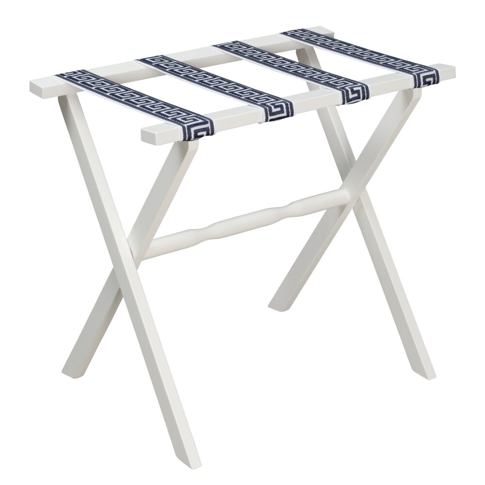 White Straight Leg Wood Luggage Rack Greek Key Straps by Gatehouse Furniture
