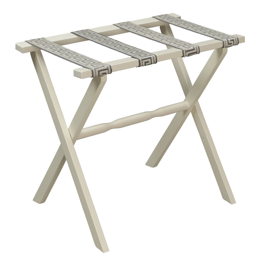 Ivory Straight Leg Wood Luggage Rack Greek Key Straps by Gatehouse Furniture