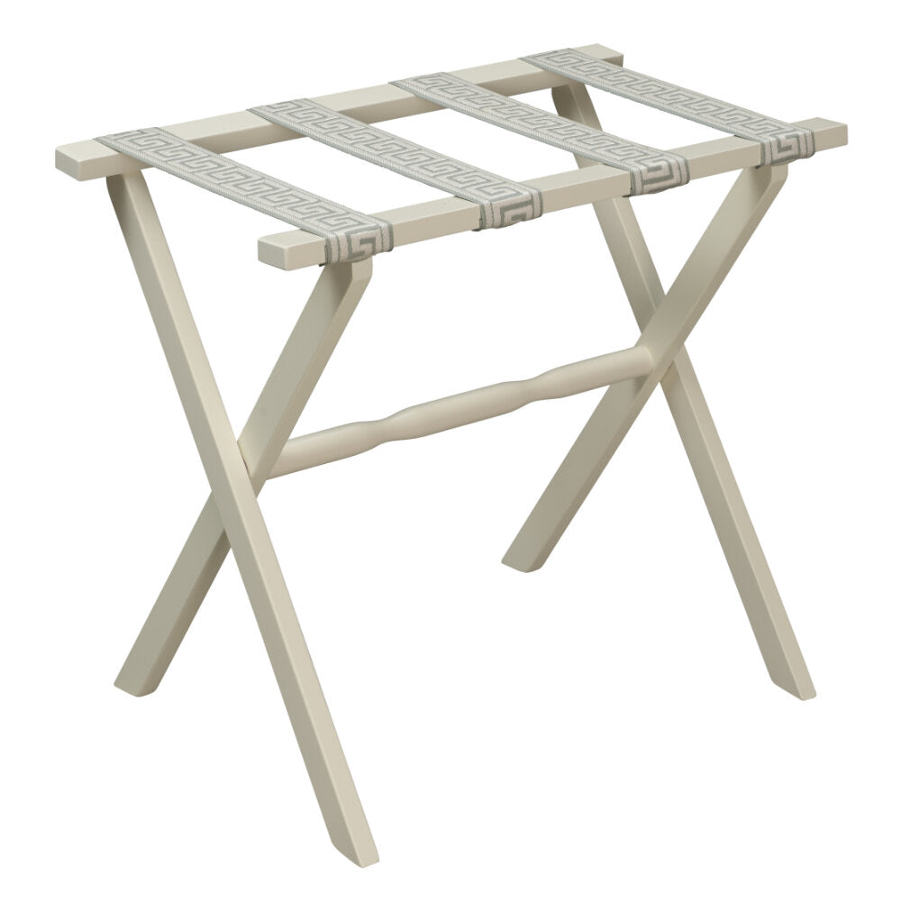 Ivory Straight Leg Wood Luggage Rack Greek Key Straps by Gatehouse Furniture
