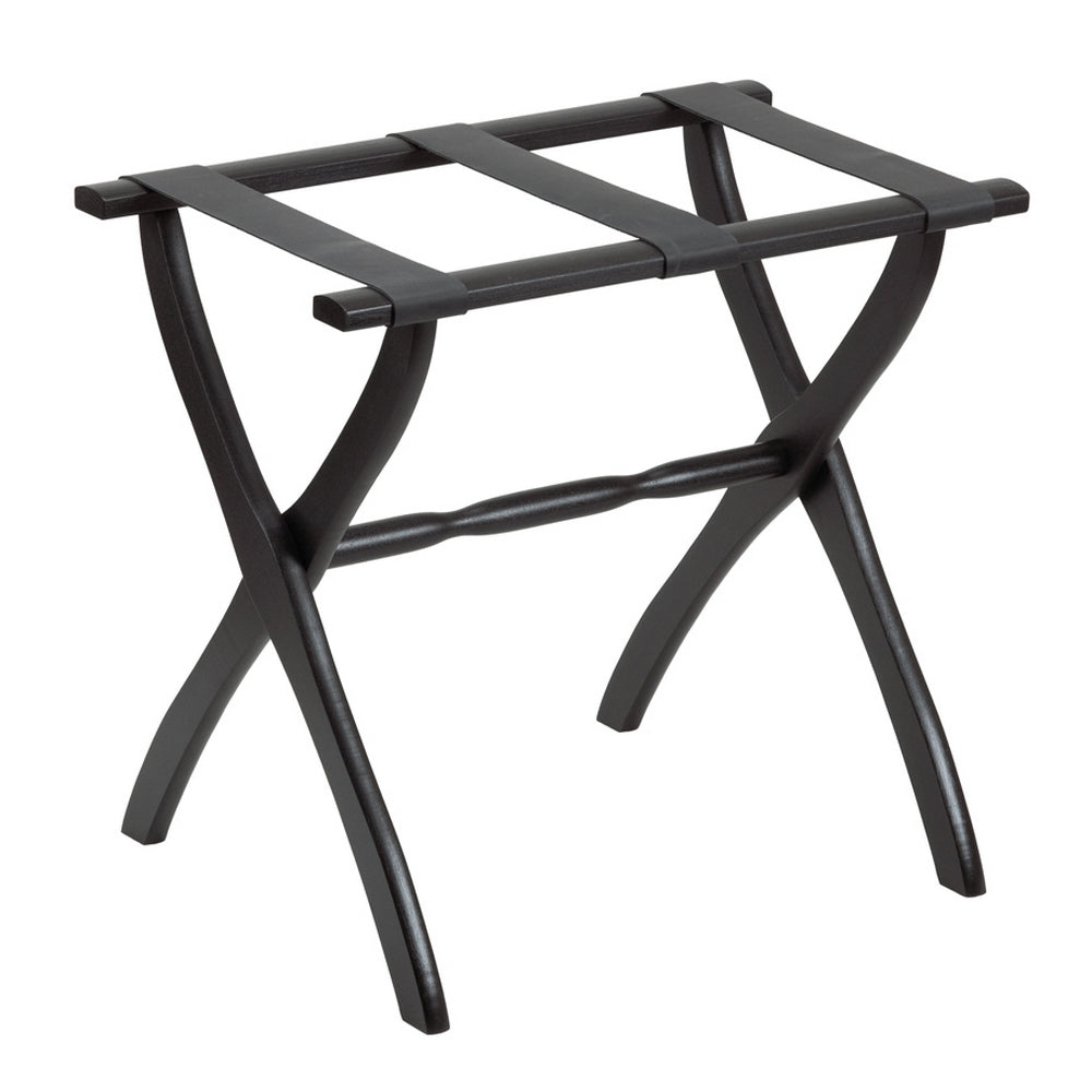 Black Contour Leg Wood Luggage Rack Leather Straps by Gatehouse Furniture