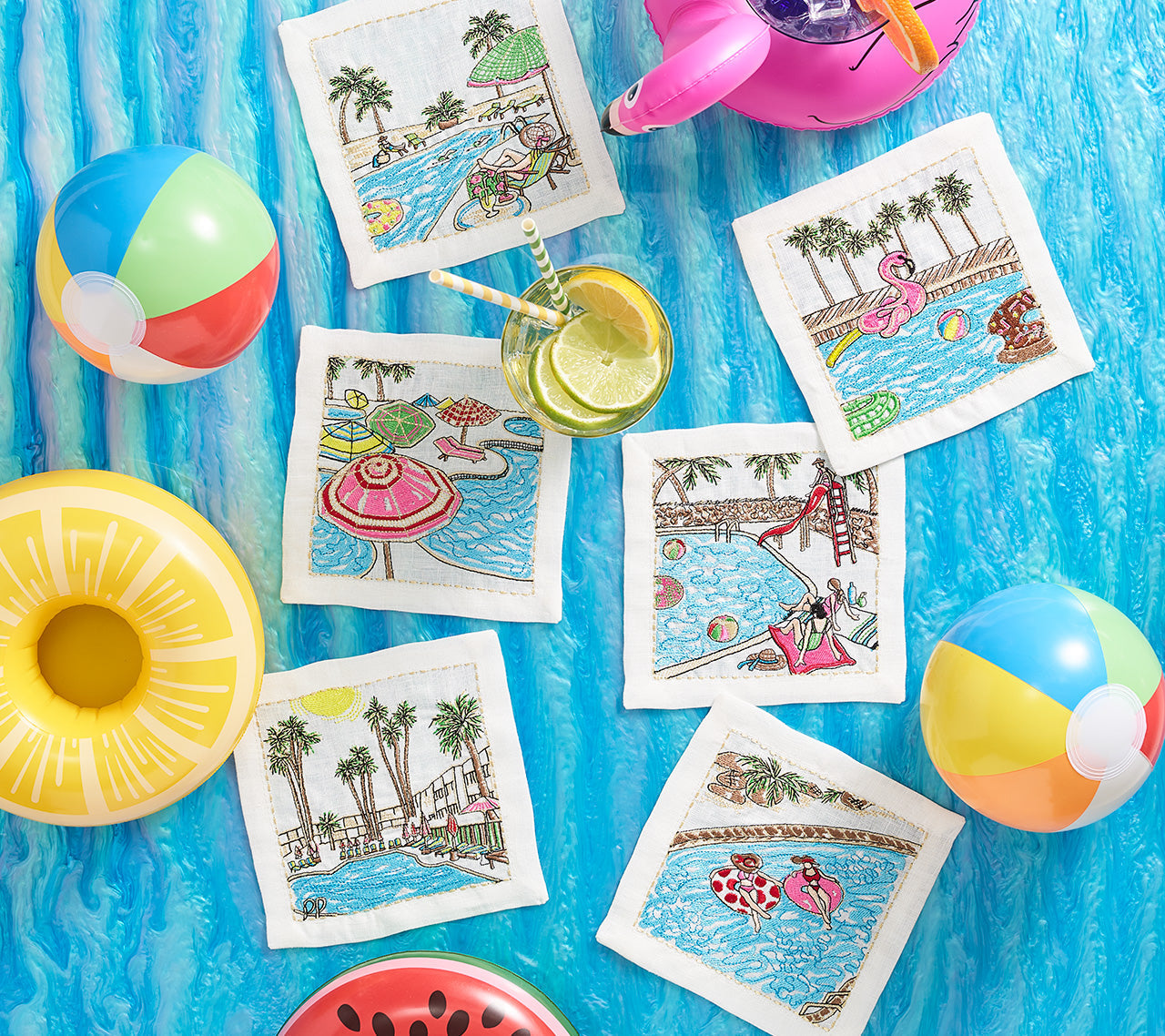 Pool Day Cocktail Napkins in White & Multi by Kim Seybert