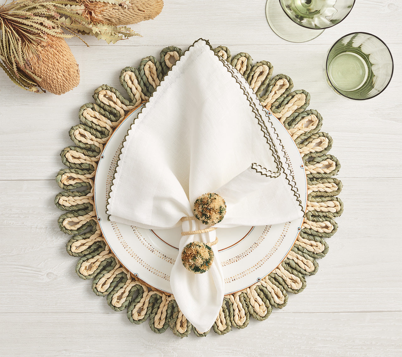 Casbah Napkin in White & Green by Kim Seybert