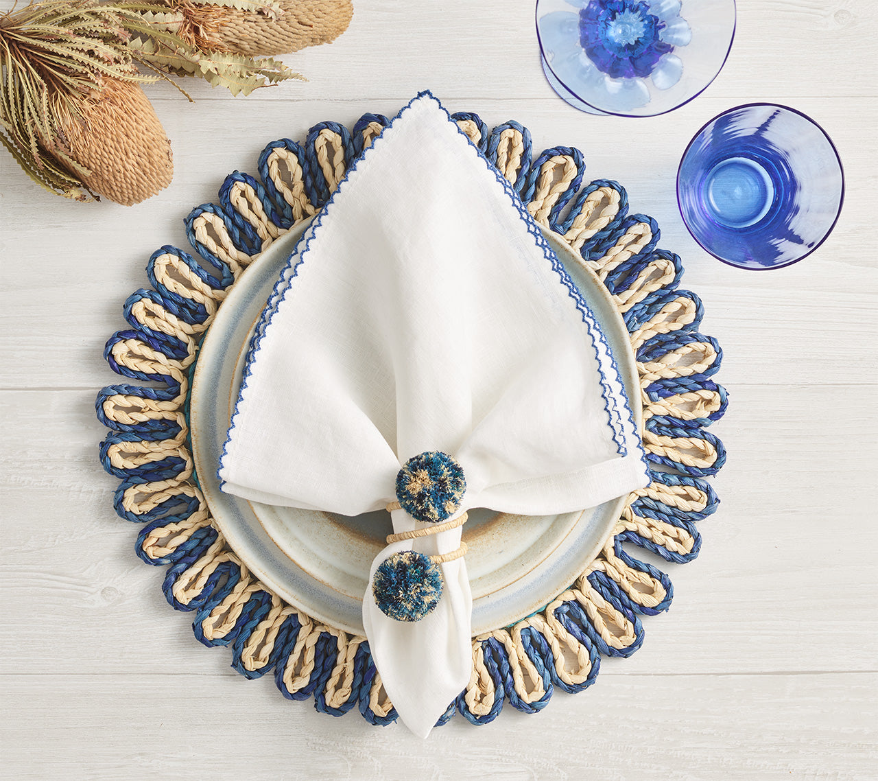 Casbah Napkin in White & Blue by Kim Seybert