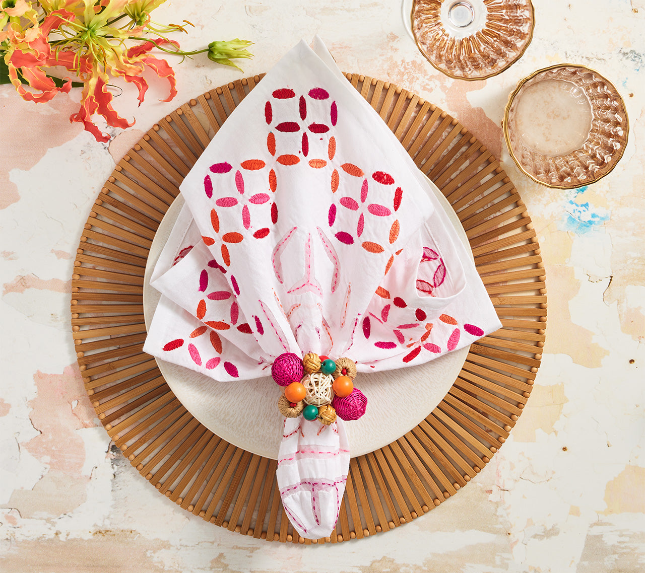 Malta Napkin in White, Pink & Orange by Kim Seybert