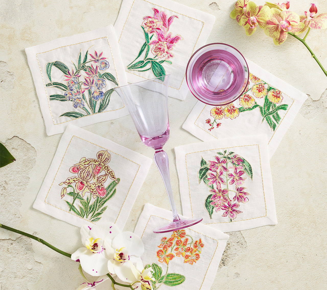 Orchid Cocktail Napkins in White & Multi by Kim Seybert