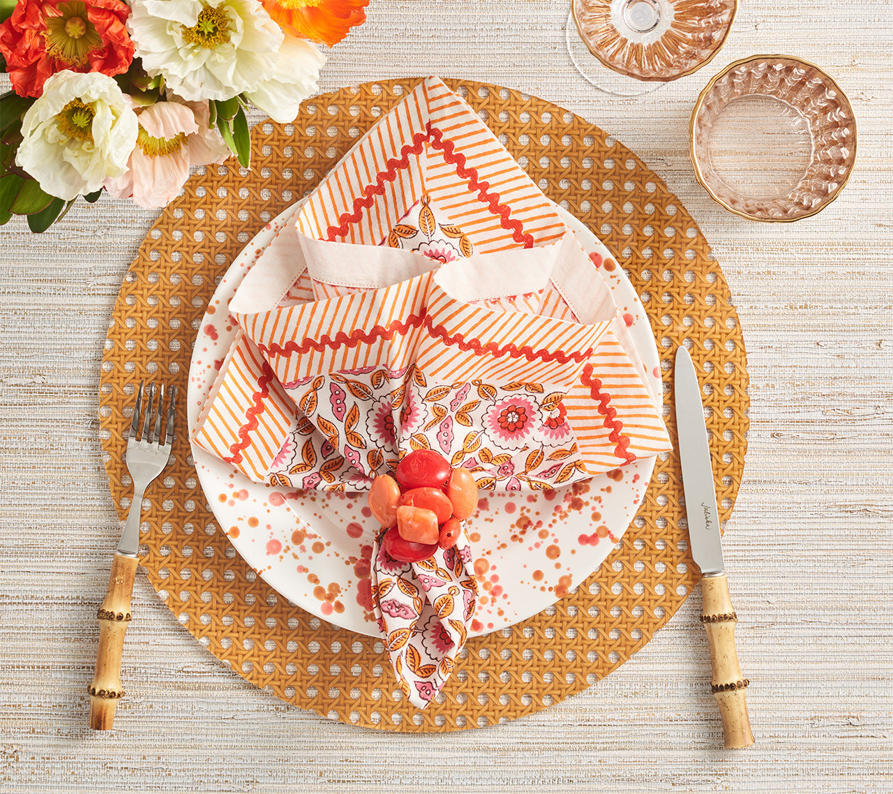 Majorelle Napkin in White, Pink & Orange by Kim Seybert