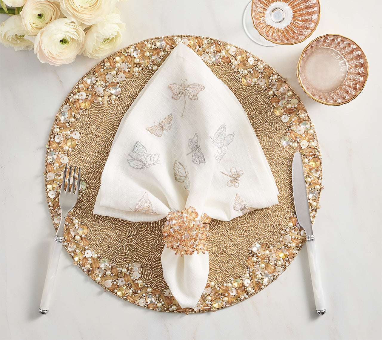 Monarch Garden Napkin in White & Iridescent by Kim Seybert