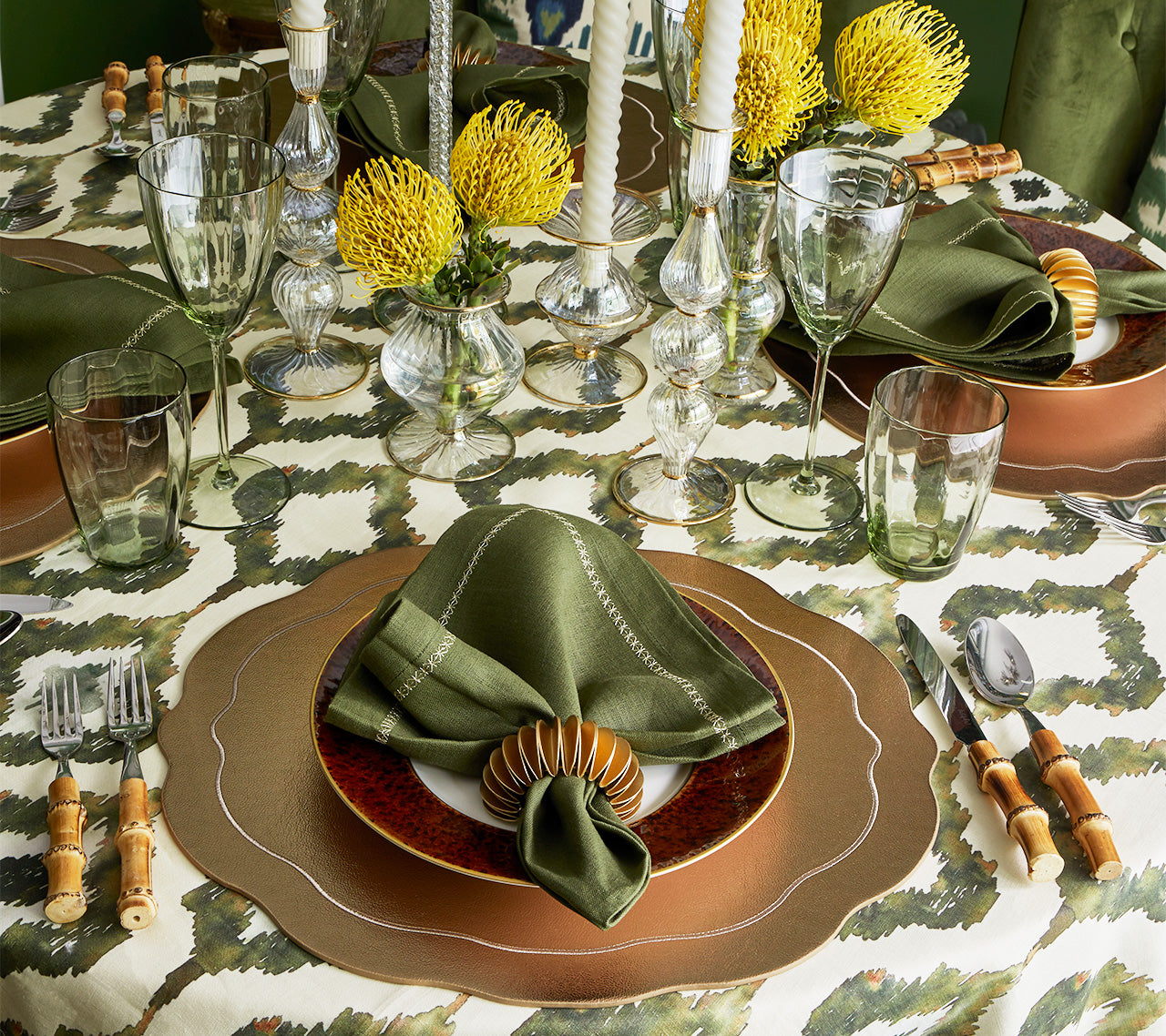 Watercolor Ikat Tablecloth in Olive by Kim Seybert