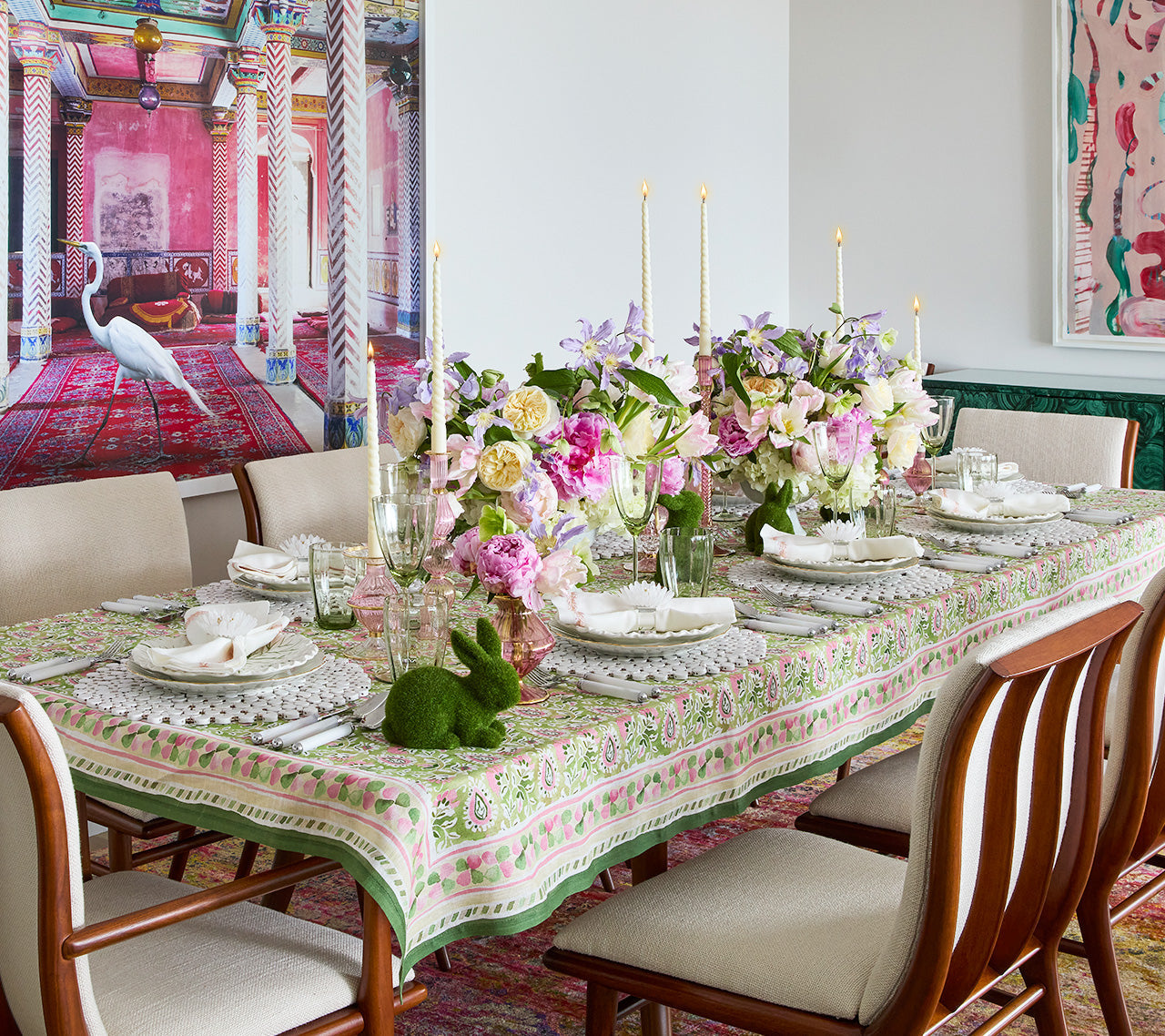 Mira Tablecloth in Green & Pink by Kim Seybert
