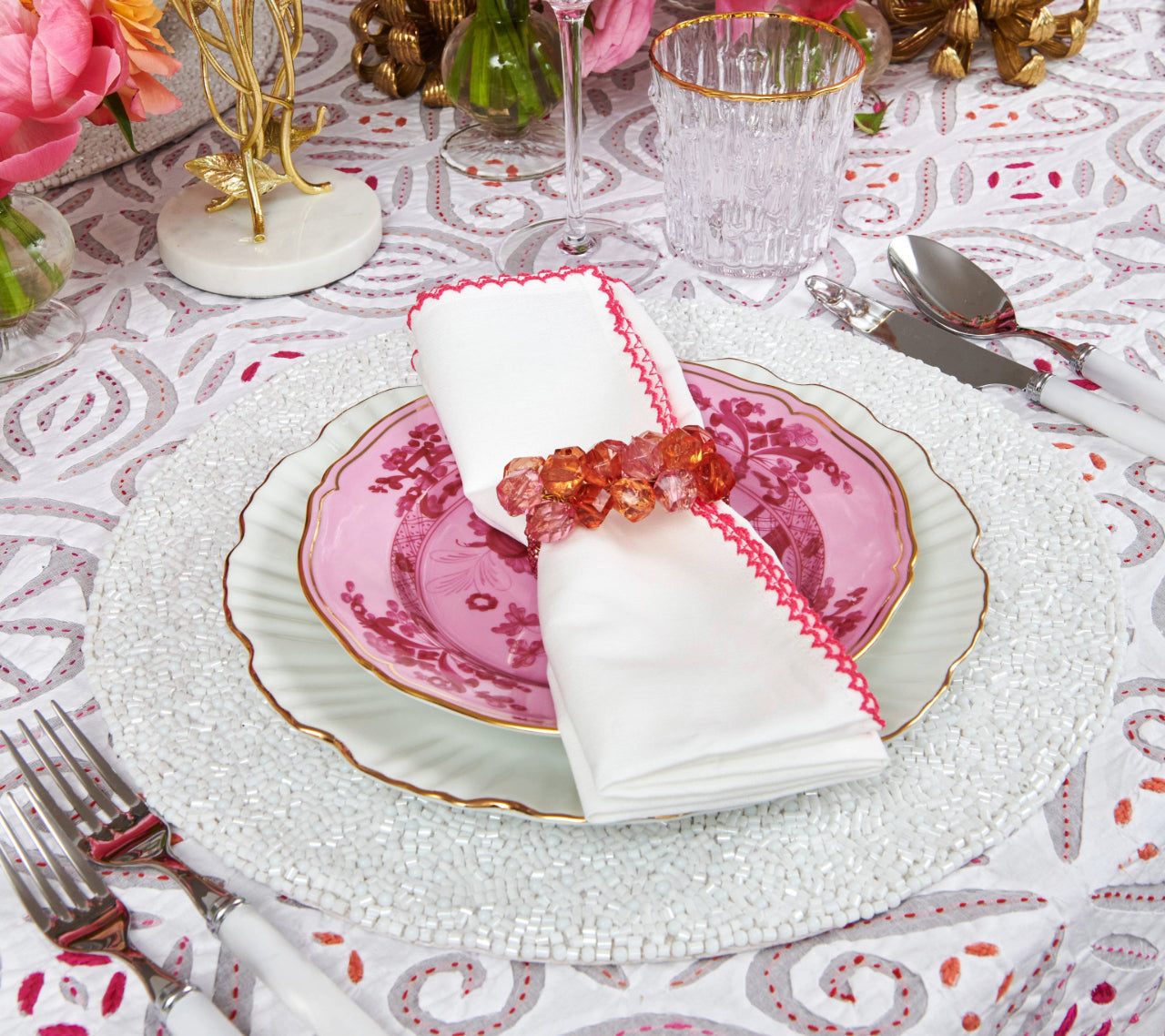 Casbah Napkin in White & Pink by Kim Seybert