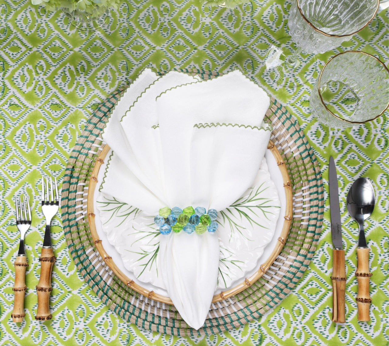 Casbah Napkin in White & Green by Kim Seybert