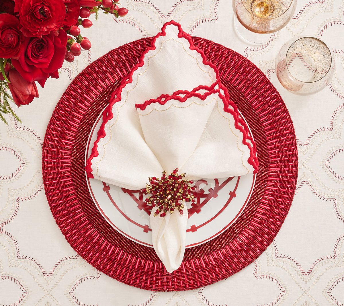 Arches Napkin in White, Red & Gold by Kim Seybert