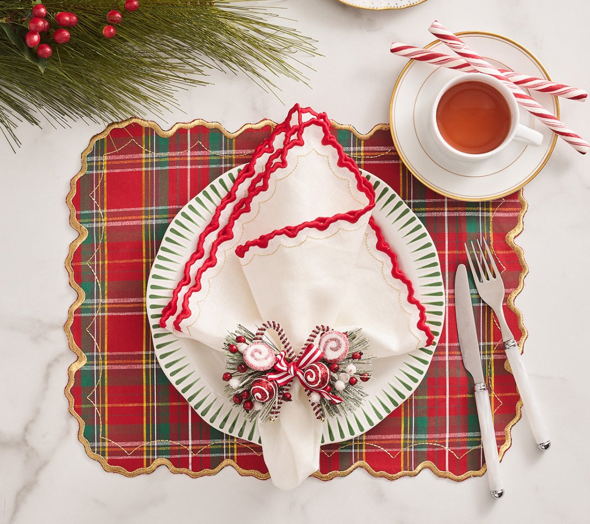 Arches Napkin in White, Red & Gold by Kim Seybert