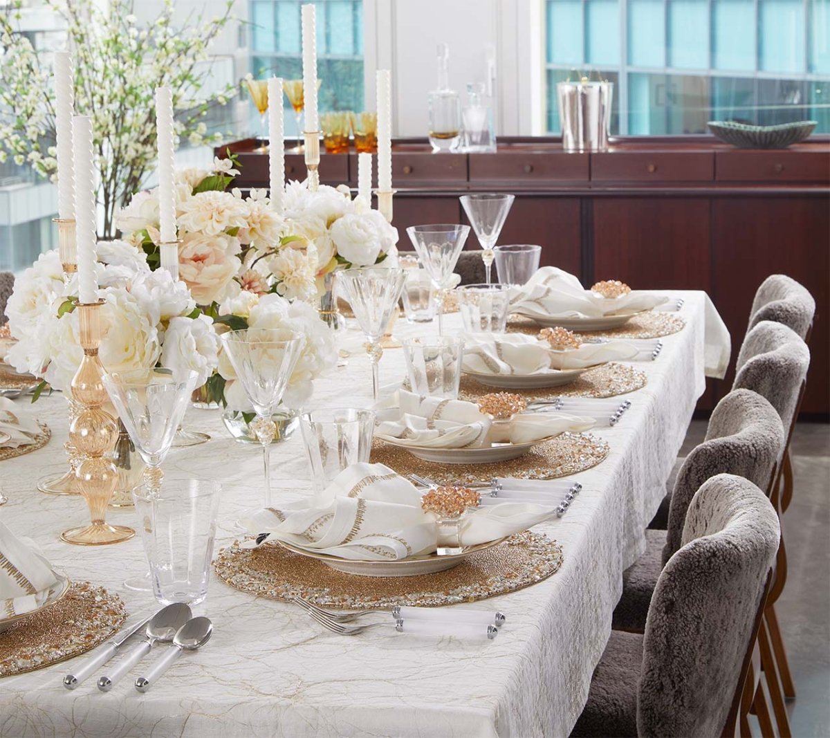 Gossamer Tablecloth in White, Gold & Silver by Kim Seybert