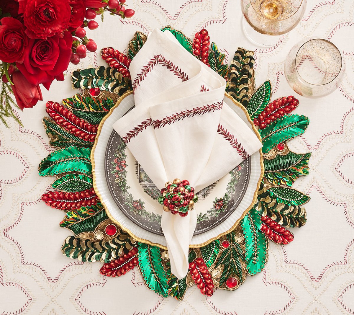 Holly and Sprig Placemat in Green, Red & Gold by Kim Seybert