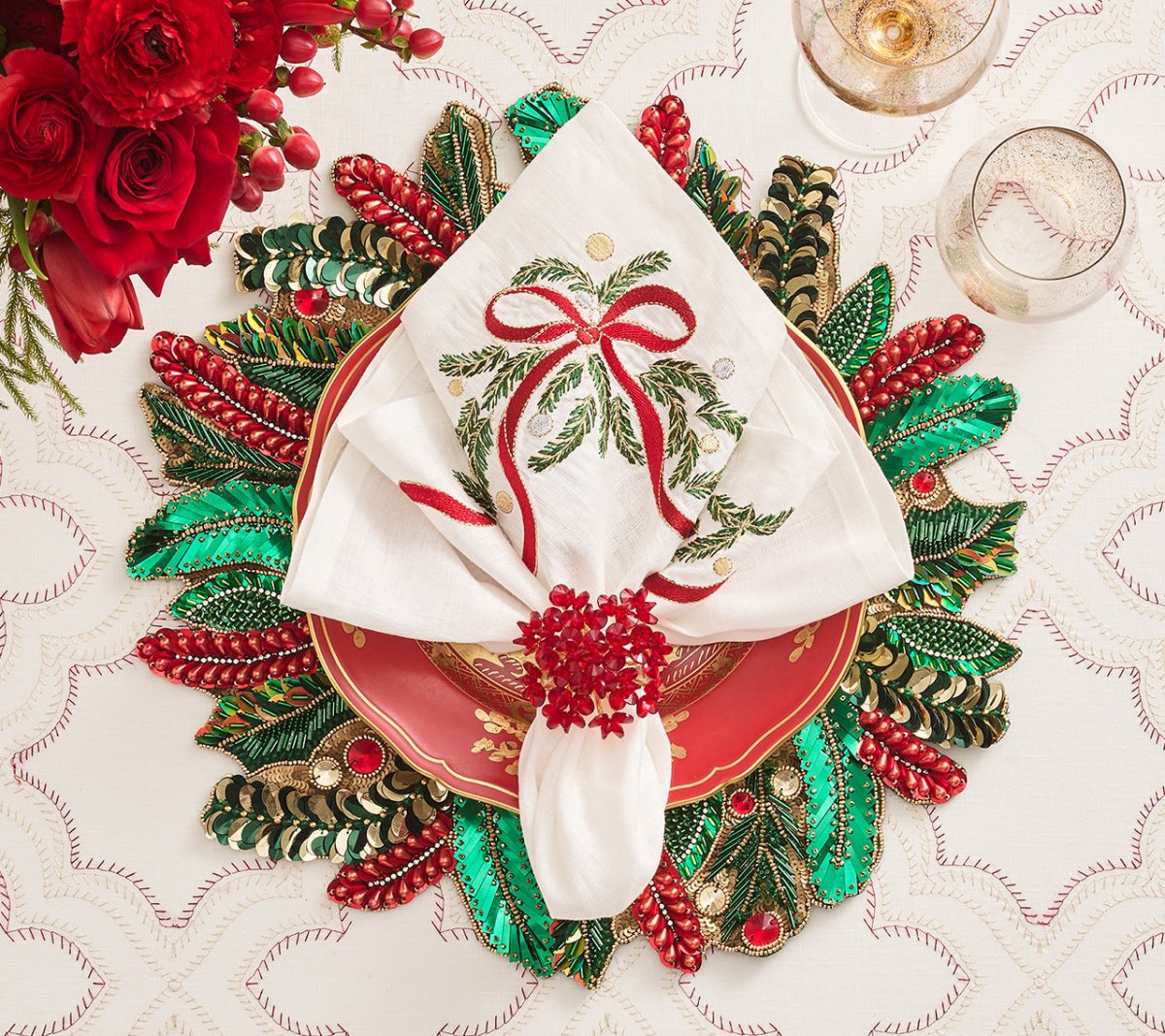 Holly and Sprig Placemat in Green, Red & Gold by Kim Seybert