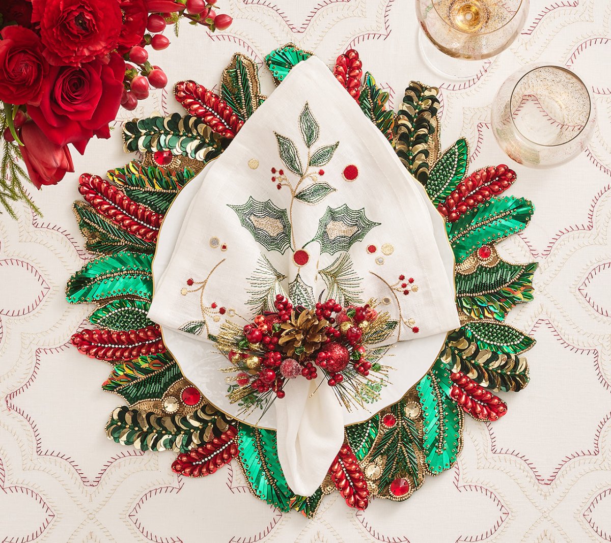 Holly and Sprig Placemat in Green, Red & Gold by Kim Seybert