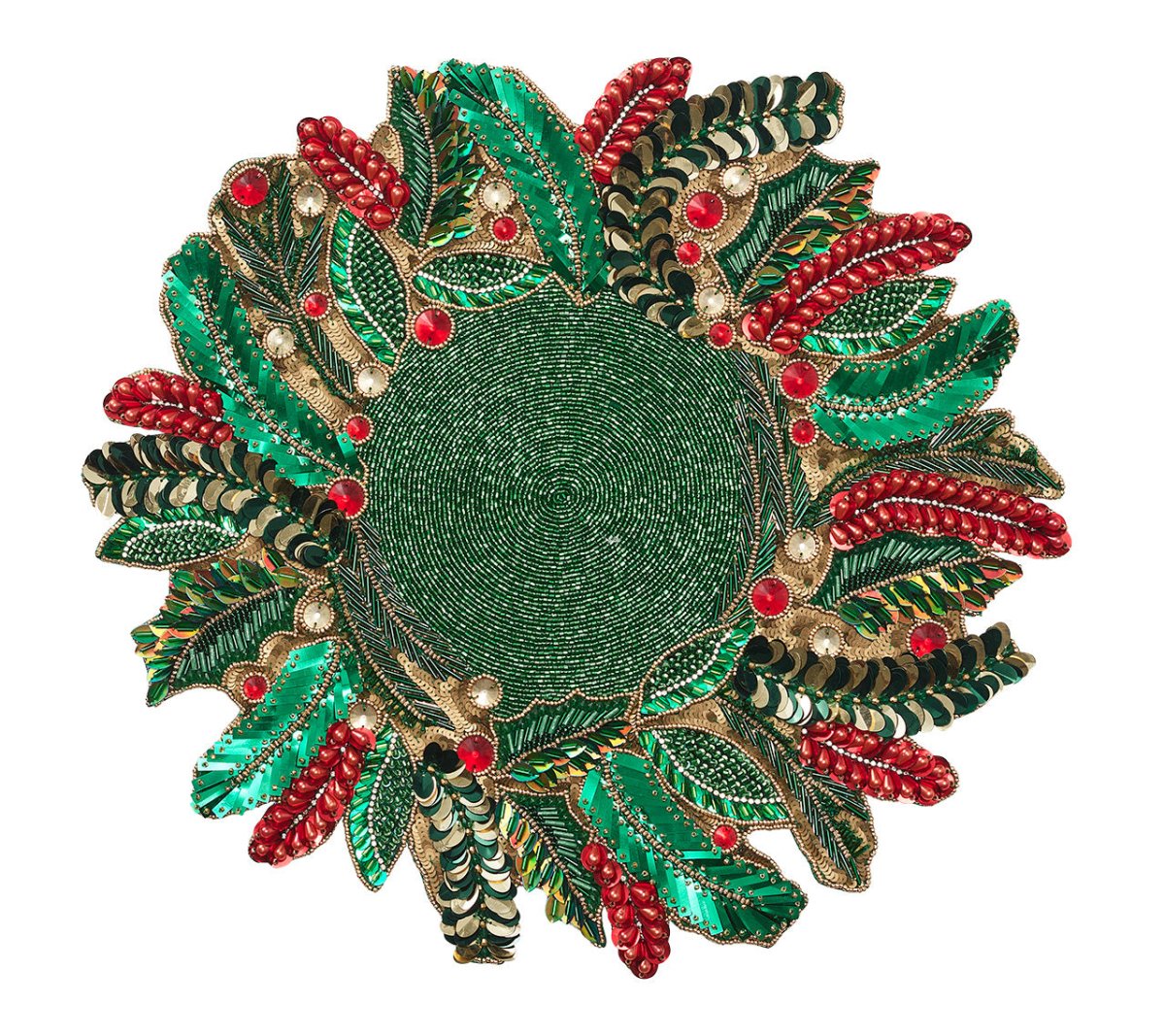 Holly and Sprig Placemat in Green, Red & Gold by Kim Seybert