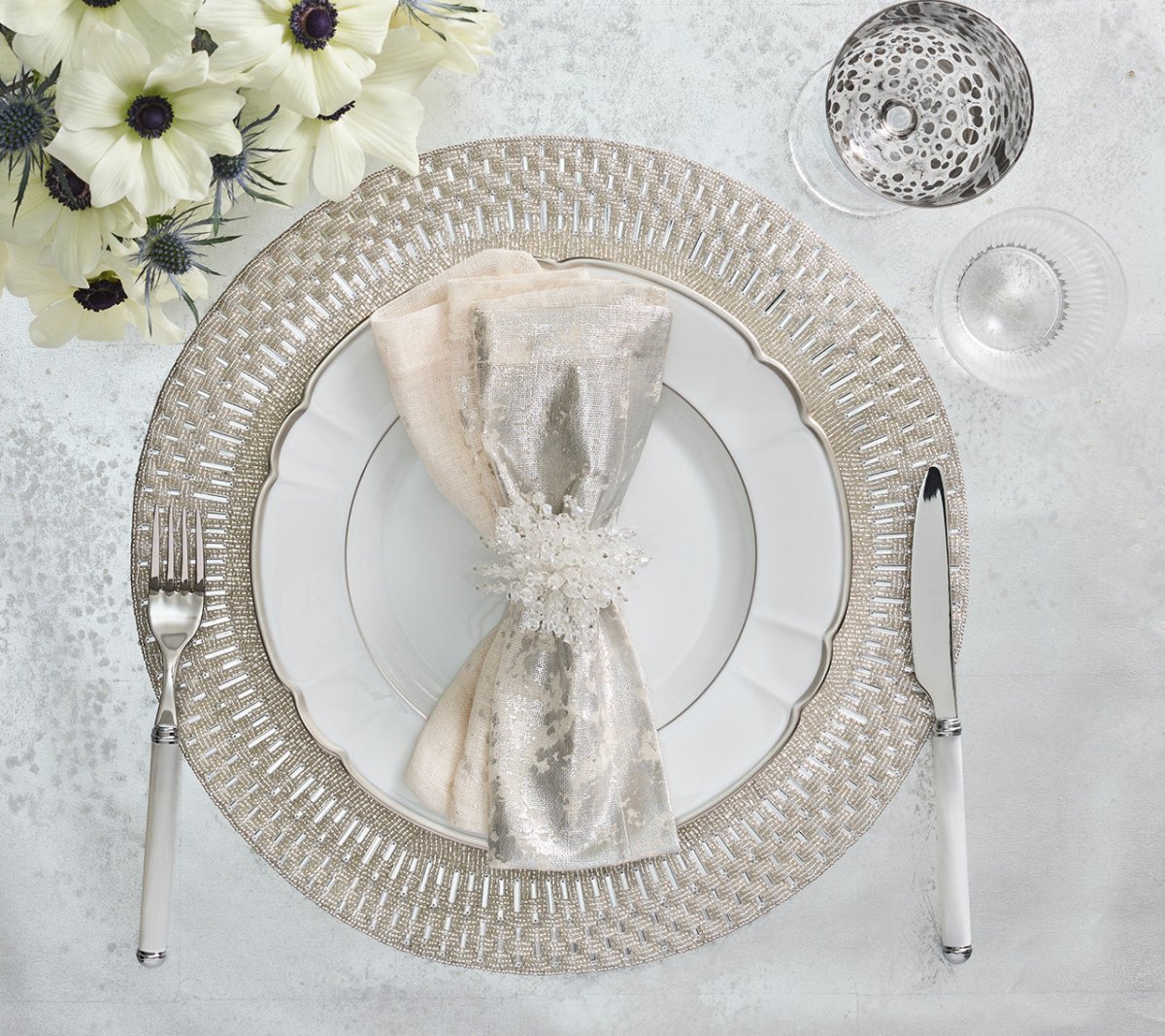 Palisade Placemat in Silver & Crystal by Kim Seybert