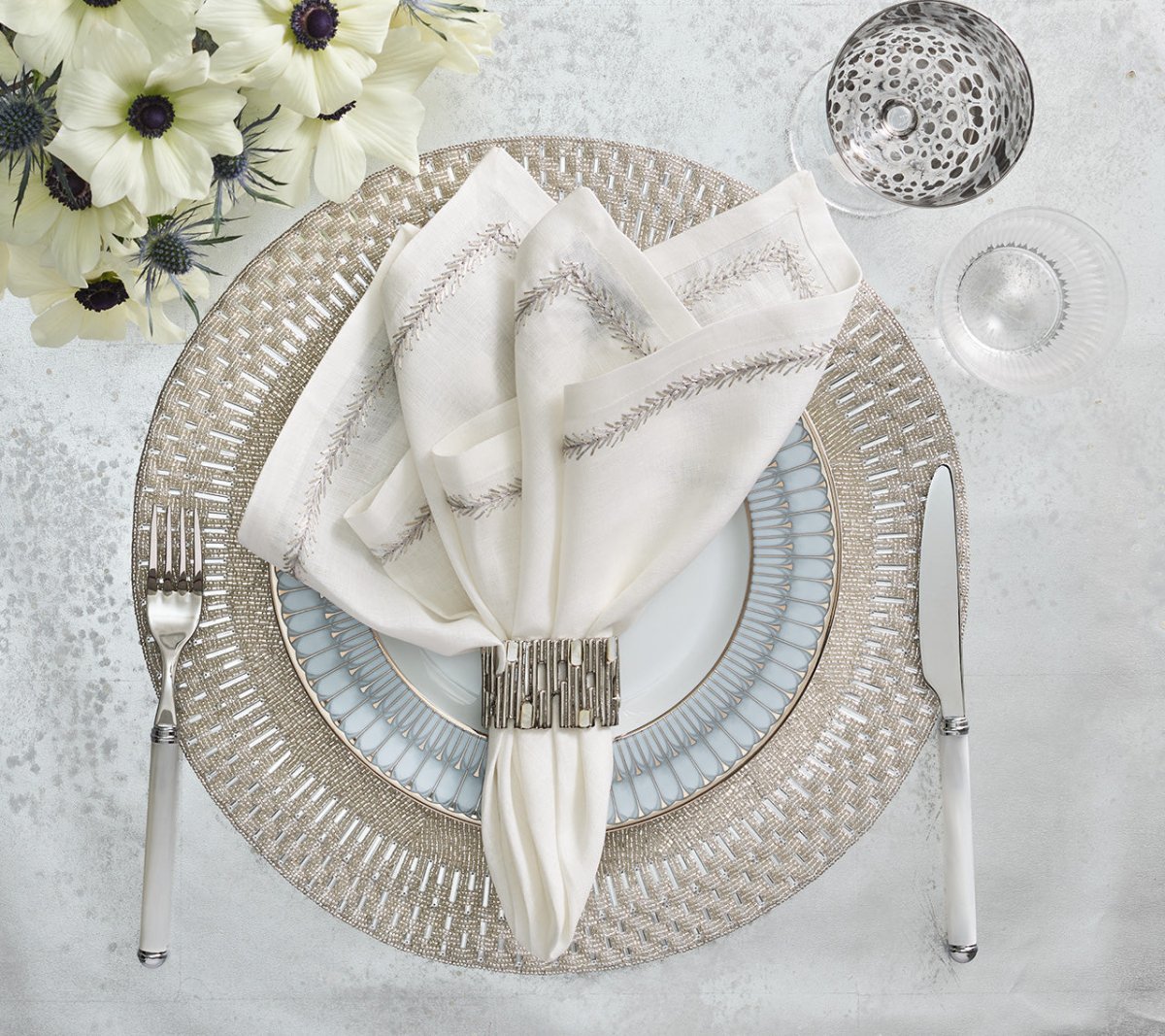 Palisade Placemat in Silver & Crystal by Kim Seybert