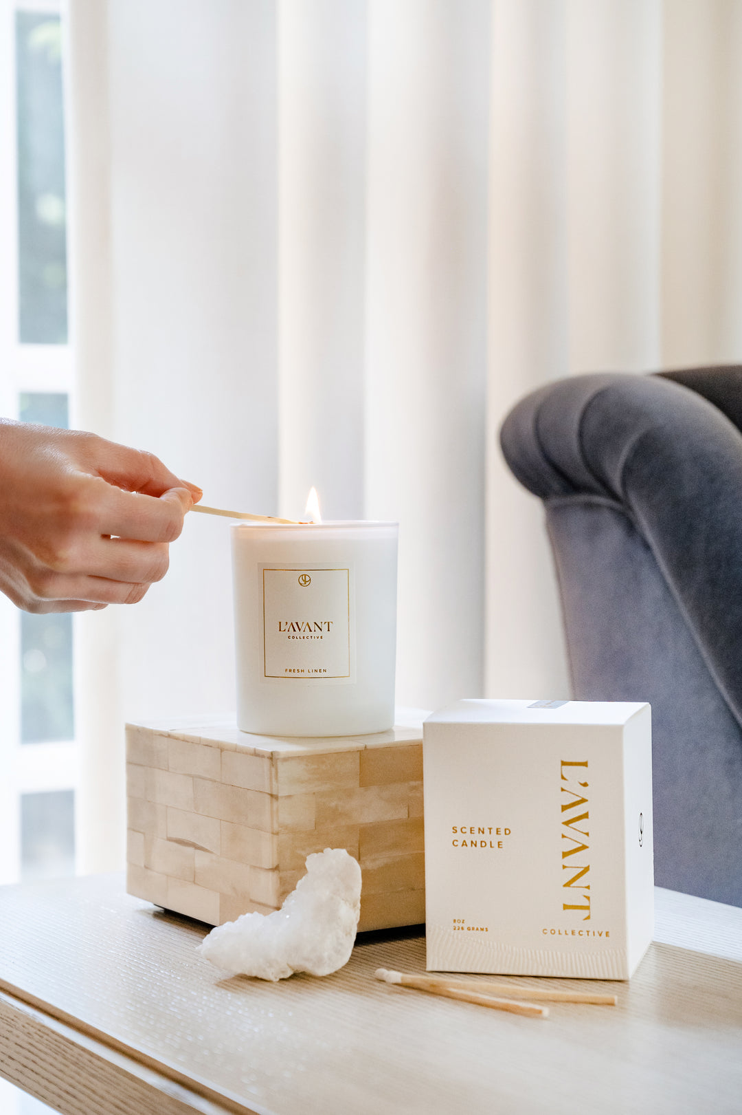 Fresh Linen Candle in White by L'Avant Collective