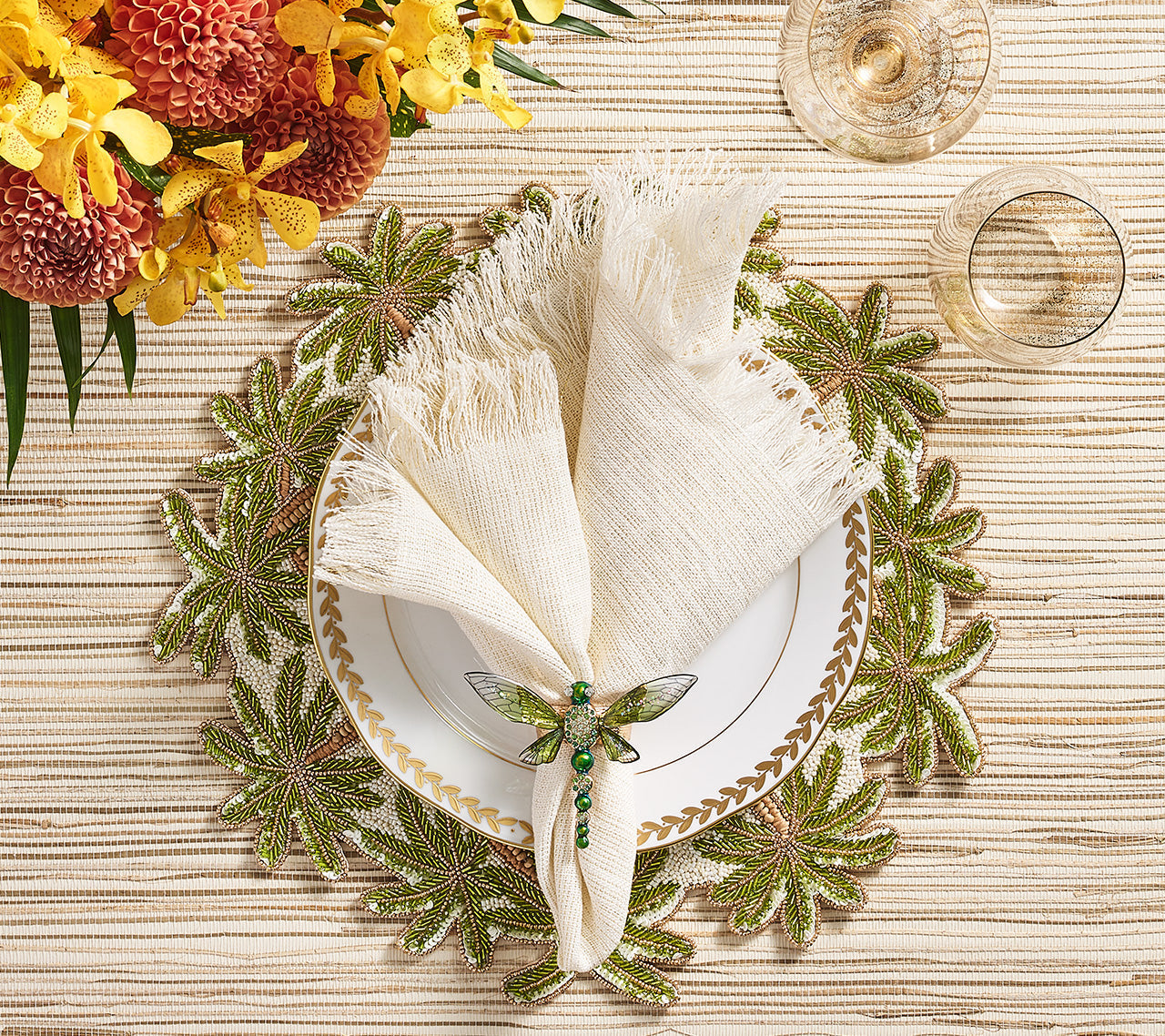 Oasis Placemat in Ivory, Green & Gold by Kim Seybert