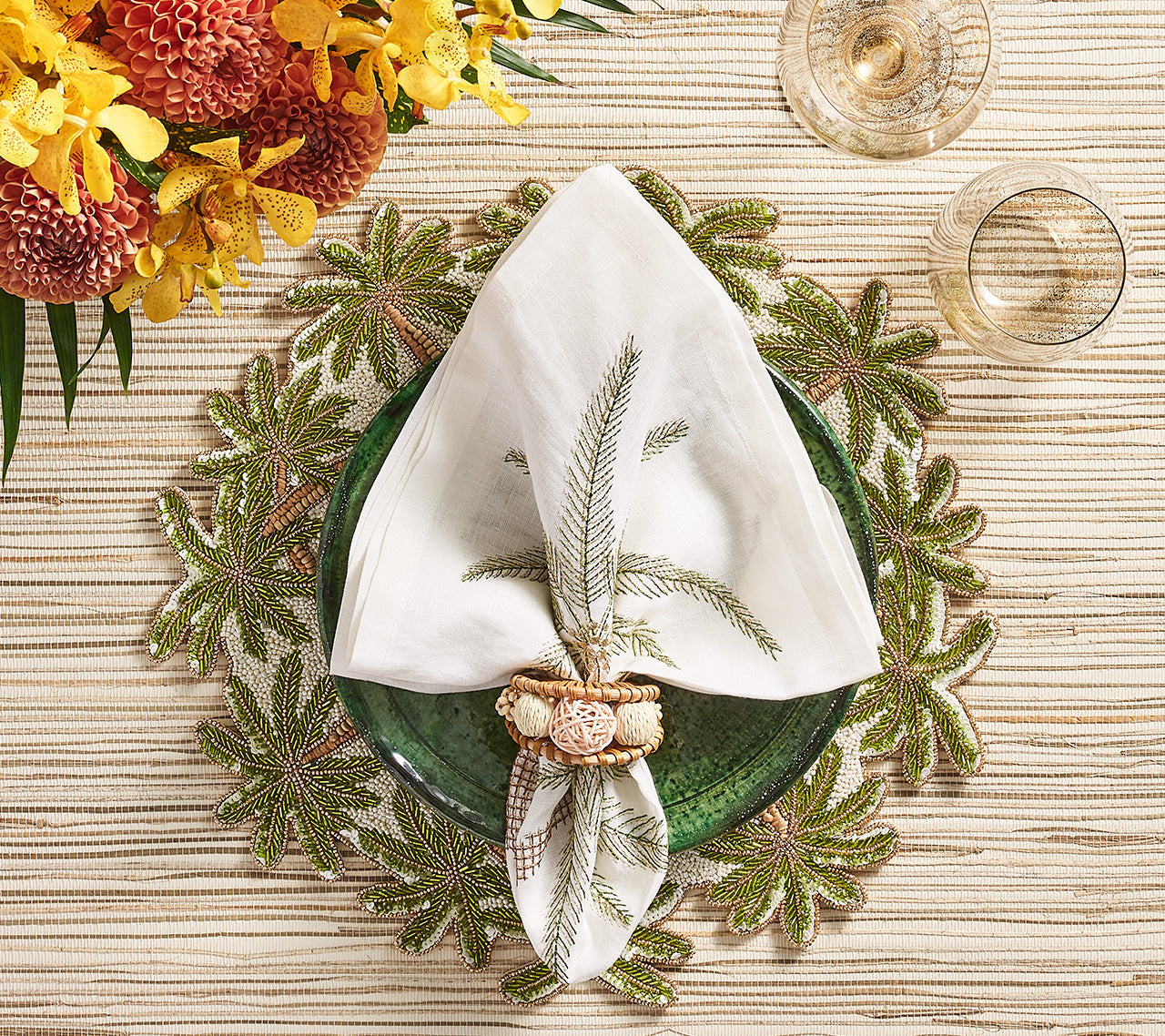 Oasis Placemat in Ivory, Green & Gold by Kim Seybert