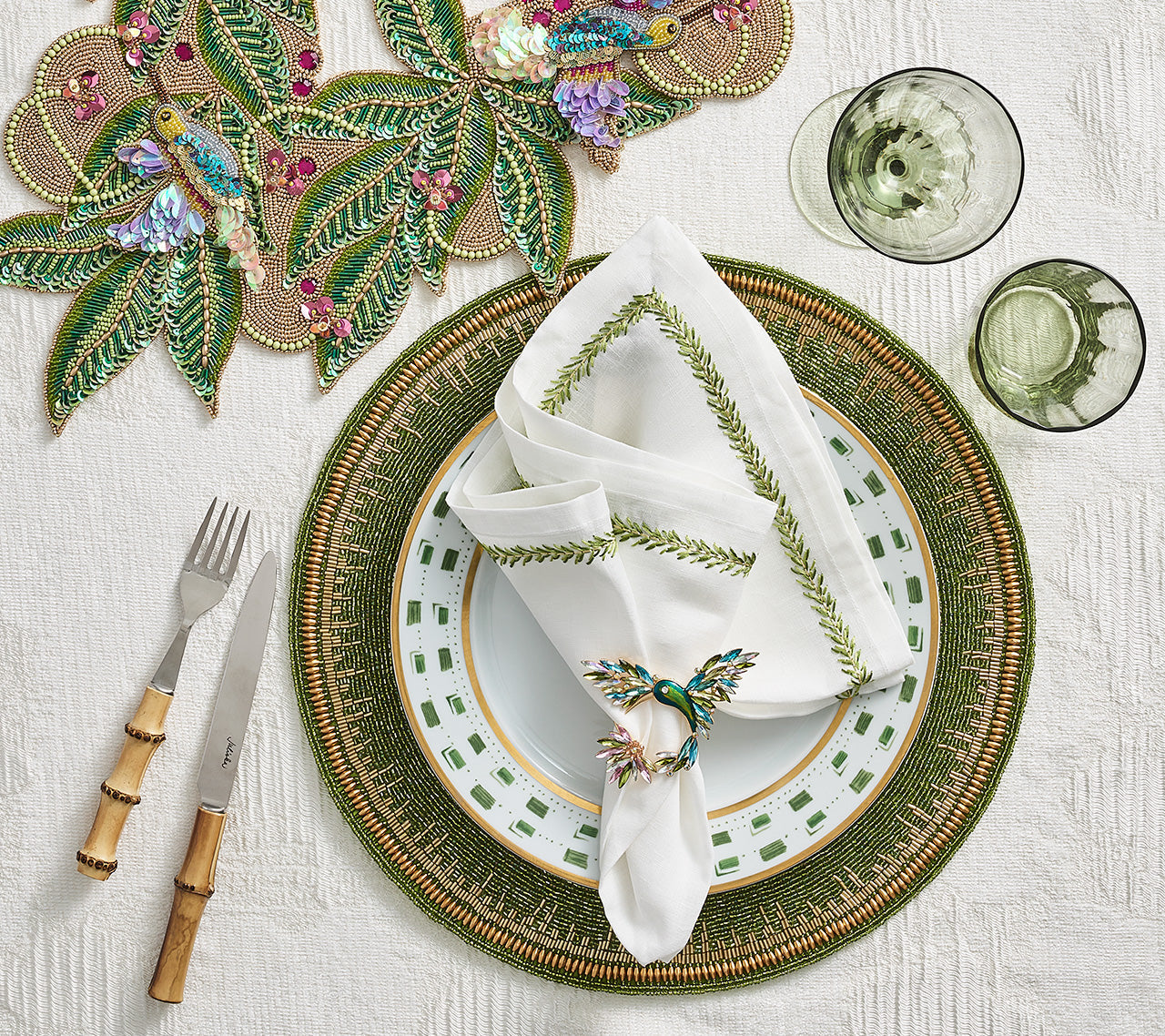 Enamor Placemat in Green & Gold by Kim Seybert
