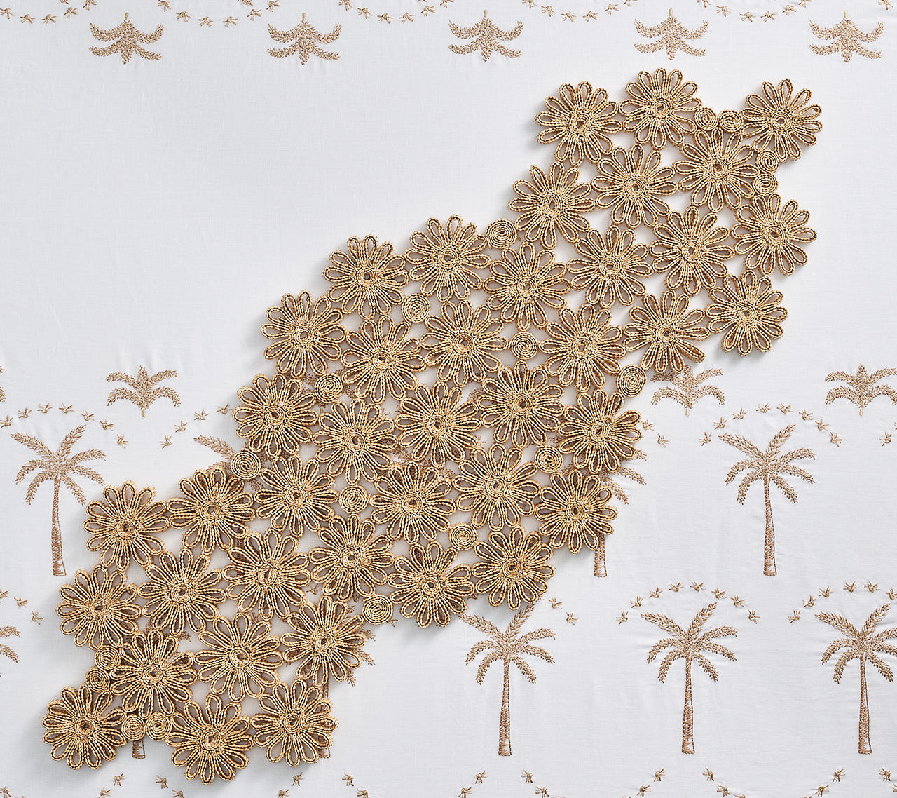 Embroidered Palm Tablecloth in White, Natural & Gold by Kim Seybert