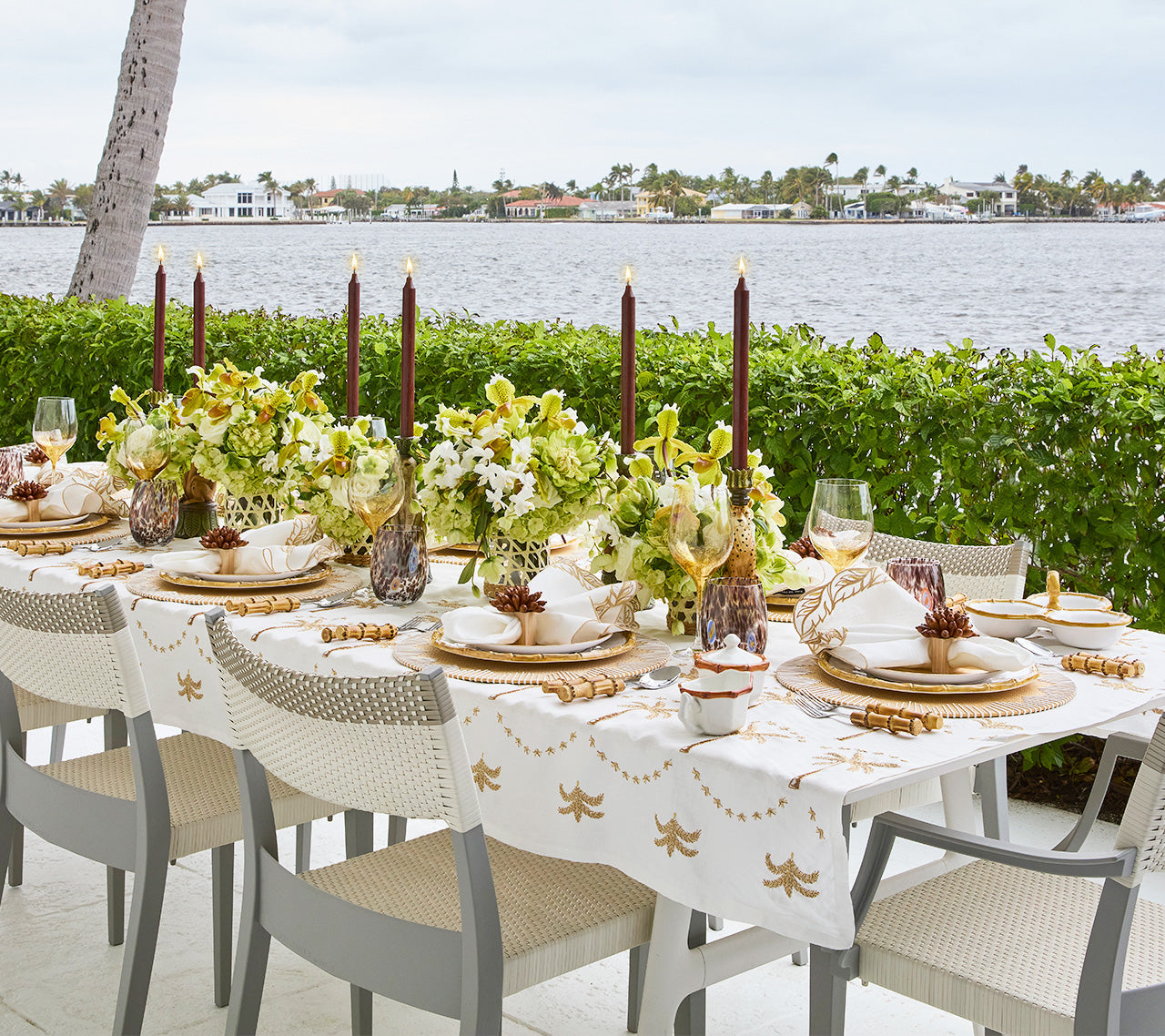 Embroidered Palm Tablecloth in White, Natural & Gold by Kim Seybert