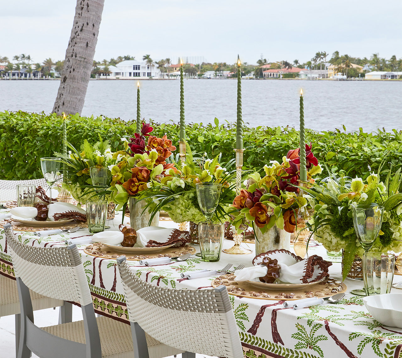 Oasis Tablecloth in Ivory, Green & Brown by Kim Seybert