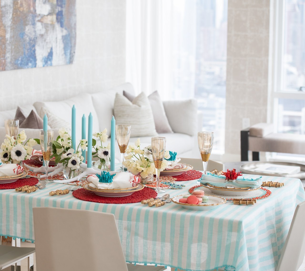 Linea Tablecloth in White & Seafoam by Kim Seybert