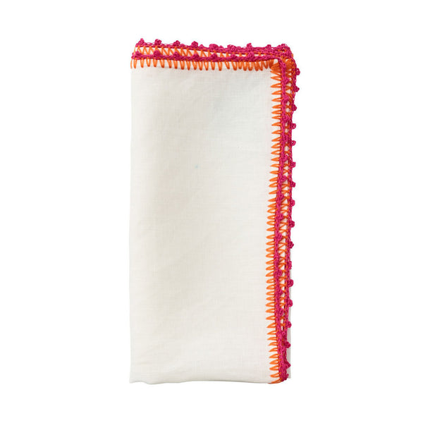 Knotted Edge Napkin in White, Pink & Orange