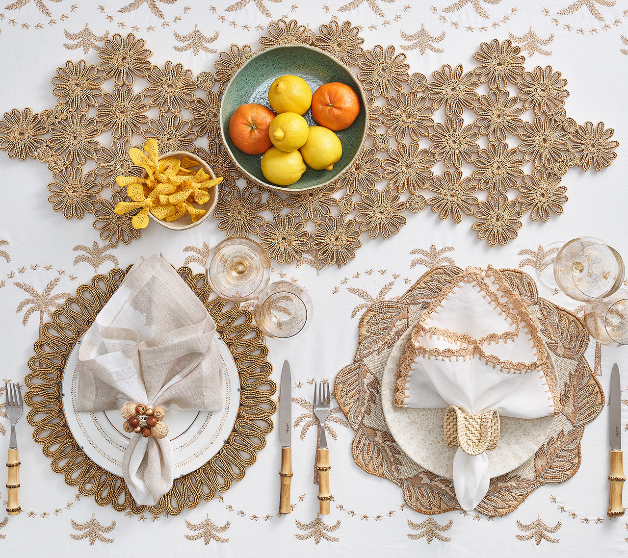 Embroidered Palm Tablecloth in White, Natural & Gold by Kim Seybert