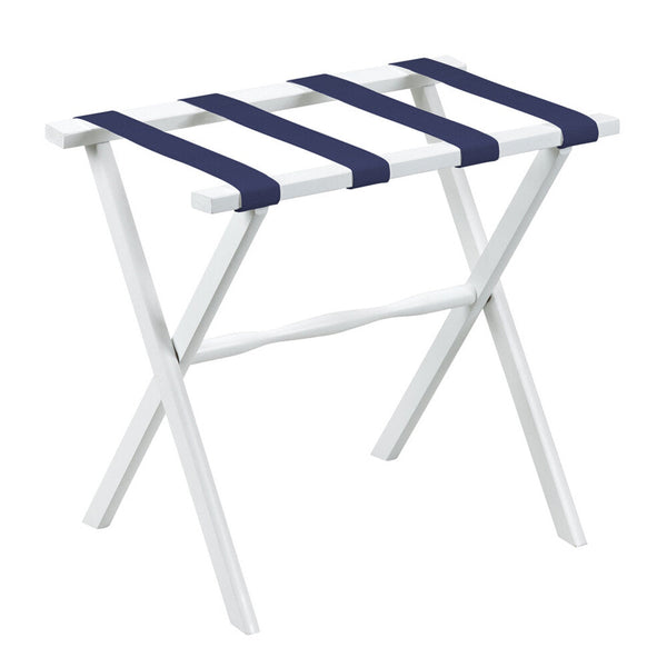 White Straight Leg Wood Luggage Rack Nylon Navy Straps