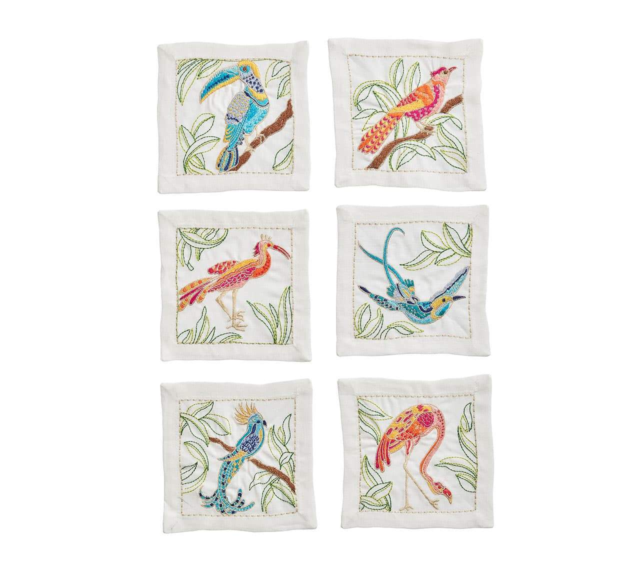 Birds of Paradise Cocktail Napkins in White & Multi - Pioneer Linens