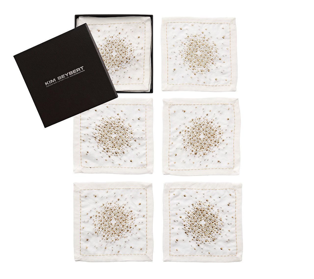 Starburst Cocktail Napkins in White, Gold & Silver, Set of 6 in a Gift Box by Kim Seybert