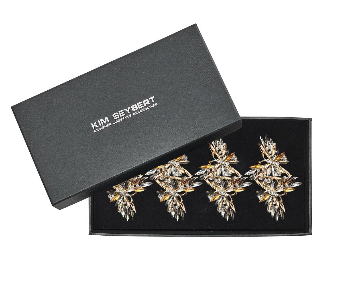 Butterflies Napkin Ring in Champagne & Crystal, Set of 4, in a Gift Box by Kim Seybert