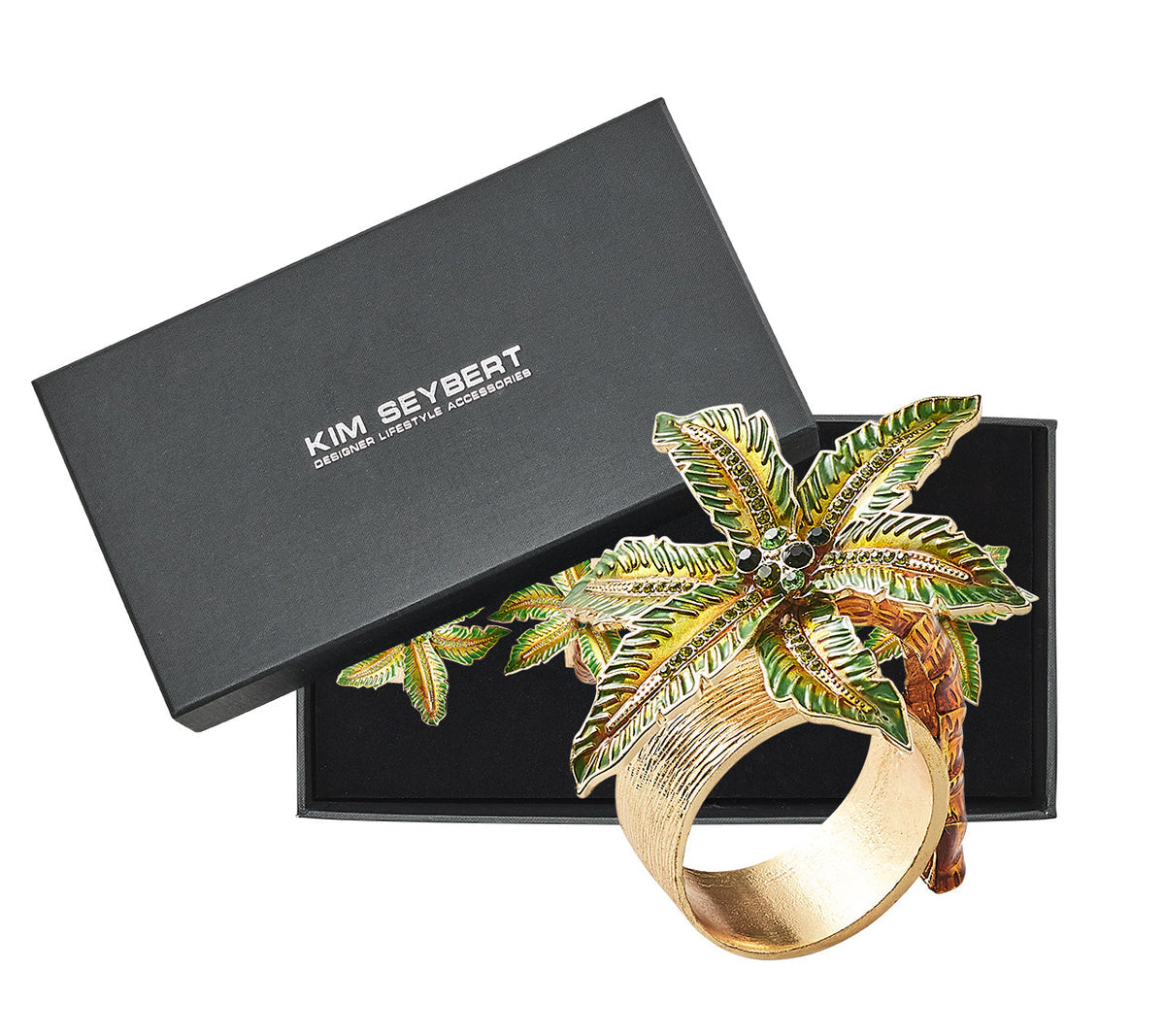Palm Coast Napkin Ring in Green & Gold, Set of 4 in a Gift Box by Kim Seybert